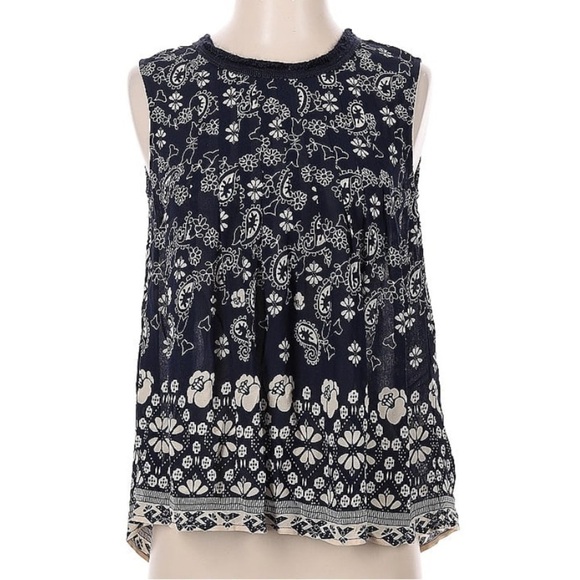 Sea New York Navy Blue White Cream Floral Keyhole Button Back Tank Top Size 4 - Picture 1 of 5